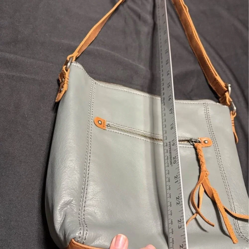 The Sak Ashland Genuine Leather Crossbody Bag Grey and Tan Leather Large EUC